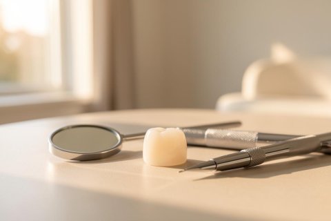 Professional dental tools, including a silver mouth mirror and a probe, rest on a clean white surface next to a ceramic dental crown. The image features warm, natural sunlight in a bright dental office setting with a soft-focus background. This close-up shot emphasizes oral healthcare, dentistry, and high-quality dental restoration equipment.