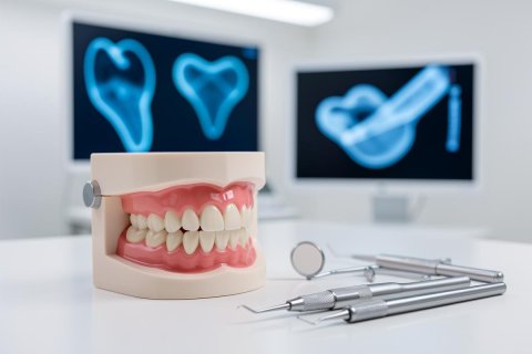 A realistic dental model with teeth and gums sits on a white surface next to silver dental tools. In the bright, blurred background, computer monitors display blue dental X-ray scans, representing a modern dental clinic or oral healthcare environment equipped with professional dentistry tools.