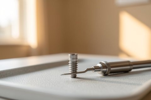 A close-up shot of a metallic dental implant component and a precision dental instrument resting on a clean white clinical tray. The scene is set in a bright, sunlit dental office with a soft-focus, warm-toned background, highlighting the professional medical environment used for oral surgery and implantology procedures.