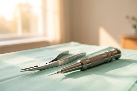 Stainless steel surgical instruments and medical forceps rest on a light teal sterile drape in a bright clinic. Soft sunlight streams through a window in the blurred background, creating a warm and professional healthcare environment. The scene captures a clean, sterile medical setting suitable for surgical or clinical contexts.