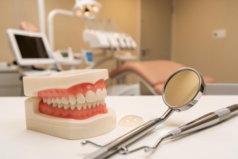 A detailed dental model with pink gums and white teeth sits on a white surface next to a silver dental mirror and probe. The background features a blurred professional dental clinic with a dental chair and medical equipment. This clean, bright image highlights oral hygiene, dentistry, and dental care services in a clinical setting.