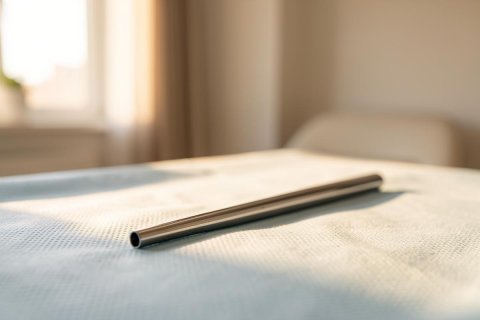 A single reusable stainless steel straw rests on a light-colored, textured tablecloth in a bright, sunlit room. Warm natural light streams through a window, creating soft shadows and a minimalist atmosphere. The neutral tones and shallow depth of field highlight the eco-friendly subject in a calm, indoor setting.