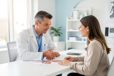 A professional male doctor in a white lab coat conducts a medical consultation with a female patient in a bright, modern clinic. They sit at a white desk discussing health documents. The clean, well-lit office environment features soft colors, emphasizing a calm and professional healthcare setting.