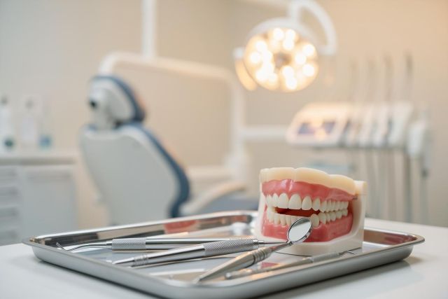 Professional dental tools and a realistic teeth model on a metal tray in a bright dental clinic. The background features a blurred dental chair and examination light, emphasizing a clean and modern oral healthcare environment.
