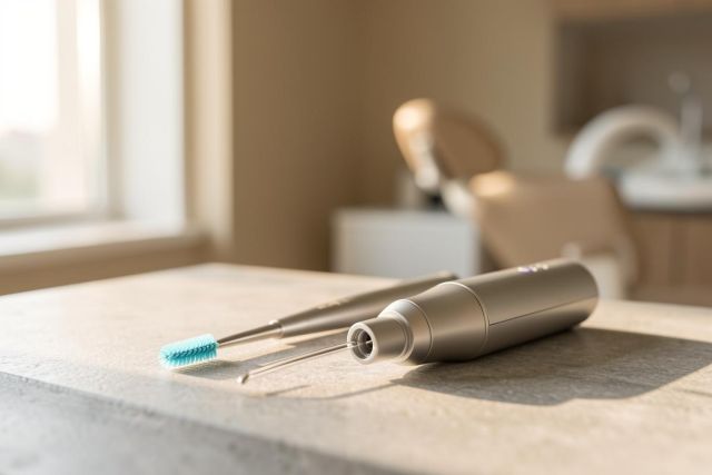 A sleek silver electric water flosser with a blue-bristled tip rests on a light stone countertop. The background features a bright, blurred dental office with a professional chair and warm natural sunlight streaming through a window. This image captures modern oral hygiene tools and dental care equipment in a clean, professional clinic setting.