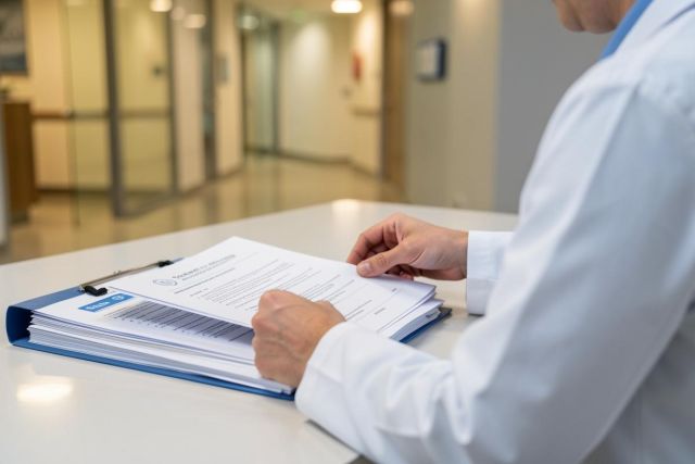 A medical professional wearing a white lab coat carefully reviews patient documents on a blue clipboard. The setting is a bright, clean hospital or clinic hallway with a soft, blurred background. This image captures the essence of healthcare administration, medical record management, and professional patient care in a clinical environment.