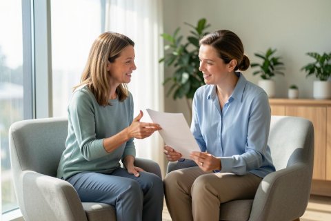 A professional meeting between two women in a bright, modern indoor setting. They sit in comfortable grey armchairs, smiling while reviewing a document together. The scene features natural light from a large window, indoor green plants, and a neutral color palette of blue, beige, and sage green, suggesting a consultation or business discussion.