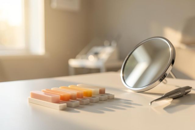 Professional dental shade guide with multiple tooth color samples, a small round mirror, and a dental drill on a clean white surface. The bright, sunlit dental clinic setting features warm lighting and a soft-focus background, ideal for cosmetic dentistry and tooth color matching procedures.