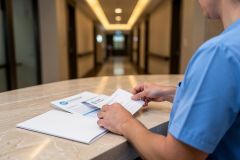 A medical professional in blue scrubs reviews patient documents on a marble counter in a bright clinic. The background features a long, blurred hospital hallway with warm lighting. This scene highlights healthcare administration, medical paperwork, and professional clinical management in a modern medical office setting.