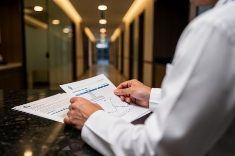 A medical professional in a white lab coat reviews patient documents and medical reports on a dark countertop. The background features a blurred hospital hallway with warm lighting, emphasizing a professional healthcare and clinical environment.