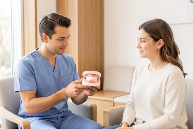 A male dentist in blue scrubs holds a dental model while consulting with a female patient in a bright, modern clinic. The scene features soft lighting, neutral colors, and a professional atmosphere, highlighting oral health education and dental care services in a medical office setting.