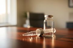 Close-up of a clear glass medicine vial and a glass pipette dropper resting on a polished dark wooden table. The scene is set in a bright, indoor environment with soft, warm lighting and a blurred background, ideal for pharmaceutical, skincare, or laboratory-themed content.
