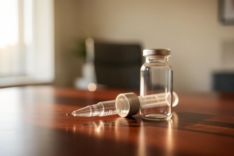 Close-up of a clear glass medicine vial and a glass pipette dropper resting on a polished dark wooden table. The scene is set in a bright, indoor environment with soft, warm lighting and a blurred background, ideal for pharmaceutical, skincare, or laboratory-themed content.