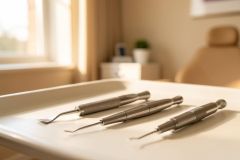 Professional stainless steel dental tools and scalers rest on a white medical tray in a bright dental office. Sunlight streams through a window, illuminating the clean, modern clinic environment with warm, neutral tones. This close-up highlights essential dental hygiene equipment in a professional healthcare setting.