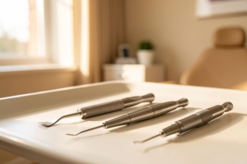 Professional stainless steel dental tools and scalers rest on a white medical tray in a bright dental office. Sunlight streams through a window, illuminating the clean, modern clinic environment with warm, neutral tones. This close-up highlights essential dental hygiene equipment in a professional healthcare setting.