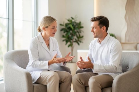 A female doctor in a white lab coat engages in a professional medical consultation with a male patient. They are seated in grey armchairs within a bright, modern clinic featuring large windows and a green indoor plant. The scene conveys a sense of trust and professional healthcare communication in a clean, well-lit office environment.