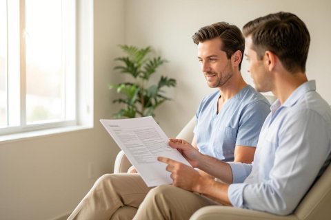 A doctor in light blue scrubs and a patient sit in a bright, sunlit medical office, reviewing a document together. The scene features a large window, a green potted plant, and soft natural lighting, creating a calm atmosphere. This professional healthcare consultation captures a moment of communication between a medical professional and a patient in a modern clinic setting.