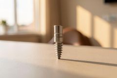 A detailed close-up of a metallic dental implant screw placed on a flat, light-colored surface. Warm natural sunlight from a nearby window illuminates the scene, casting soft shadows in a blurred indoor setting. The image features neutral beige tones and professional medical equipment in a bright, airy room.