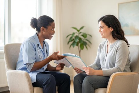 A Black female nurse in blue scrubs and a stethoscope sits in a bright, modern clinic, conducting a medical consultation with a female patient. They are seated in comfortable armchairs, discussing medical documents. The scene is filled with soft natural light, featuring a green indoor plant and a calm, professional atmosphere.