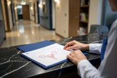 A medical professional in a white lab coat examines an anatomical illustration of the female reproductive system on a document. Set against a dark marble countertop in a bright, modern clinic hallway, the image conveys themes of gynecological health, reproductive medicine, and patient care in a professional healthcare environment.