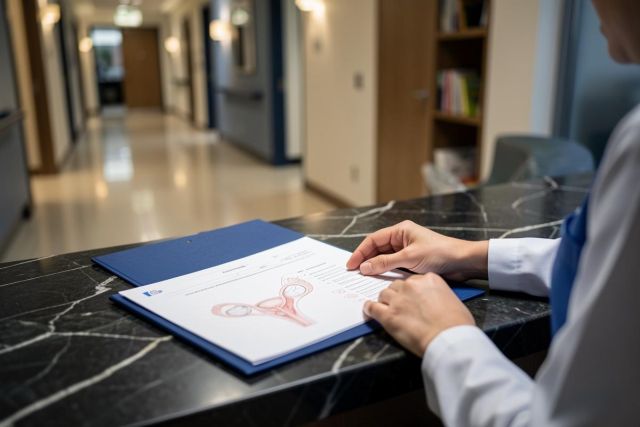 A medical professional in a white lab coat examines an anatomical illustration of the female reproductive system on a document. Set against a dark marble countertop in a bright, modern clinic hallway, the image conveys themes of gynecological health, reproductive medicine, and patient care in a professional healthcare environment.