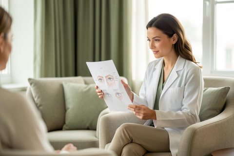 A professional female doctor in a white lab coat conducts a medical consultation, showing a facial anatomy diagram to a patient in a bright, modern clinic. The room features comfortable beige armchairs and soft sage green curtains, creating a calm atmosphere. This scene depicts a dermatological or healthcare appointment in a well-lit, professional setting.