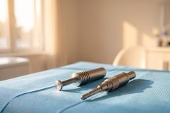Two silver metallic medical or dental instruments rest on a light blue sterile drape in a bright, sunlit clinical setting. The background features a soft-focus view of a professional healthcare room with warm sunlight streaming through a window, conveying a clean and sterile environment.