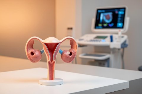 A detailed anatomical model of the female reproductive system, showing the uterus, ovaries, and fallopian tubes, placed on a white surface in a medical setting. A blurred ultrasound machine sits in the background, emphasizing a gynecological or reproductive health clinic context.