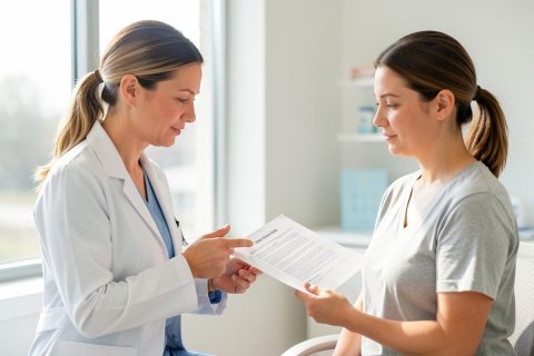 A female doctor in a white lab coat provides a medical consultation to a patient in a bright, modern clinic. They are reviewing a document together near a window. The scene features soft natural light and neutral colors, highlighting a professional healthcare interaction and patient care.