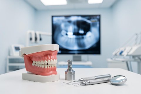 Professional dental equipment including a teeth model, a single dental implant, and silver dental tools on a white table. The background shows a blurred dental office with a monitor displaying a panoramic dental X-ray. This clean, high-tech image highlights oral health, dental implant procedures, and professional dentistry in a clinic setting.