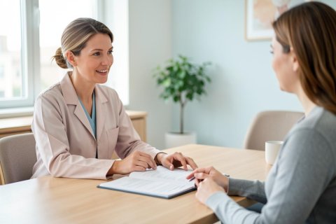 Professional female doctor in a light pink lab coat smiling during a medical consultation with a patient in a bright, modern clinic. The scene features a wooden desk, documents, a green plant, and soft natural light in a calm office setting.