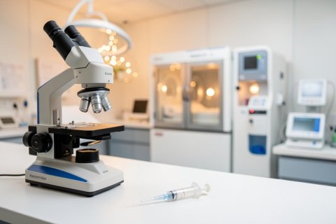 A professional binocular microscope and a syringe sit on a clean white laboratory workbench. The modern medical laboratory background features blurred scientific equipment and clinical devices under soft lighting. This bright, sterile environment is ideal for biology research, medical diagnostics, and scientific experimentation.