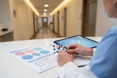 A scientist in blue scrubs examines a colorful molecular model during pharmaceutical research. On a white desk, scientific charts and a digital tablet with molecular visualizations are visible. The blurred hospital hallway background provides a professional medical and biotechnology context for healthcare innovation and laboratory study.