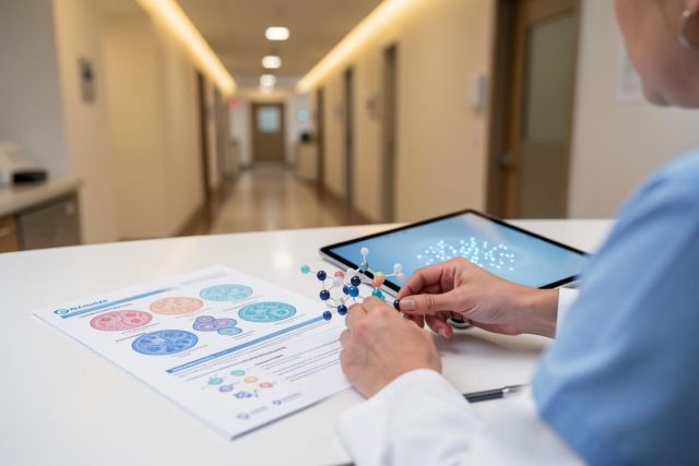 A scientist in blue scrubs examines a colorful molecular model during pharmaceutical research. On a white desk, scientific charts and a digital tablet with molecular visualizations are visible. The blurred hospital hallway background provides a professional medical and biotechnology context for healthcare innovation and laboratory study.