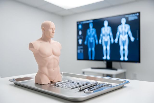 A detailed male anatomical mannequin torso sits on a white surface next to a stainless steel tray filled with medical tools, including syringes. In the background, a large digital screen displays blue human body X-ray scans, creating a professional medical or clinical laboratory environment with bright, clean lighting.