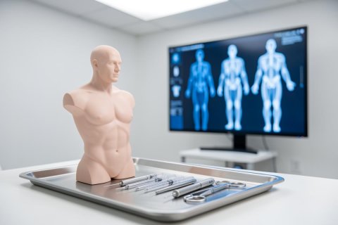A detailed male anatomical mannequin torso sits on a white surface next to a stainless steel tray filled with medical tools, including syringes. In the background, a large digital screen displays blue human body X-ray scans, creating a professional medical or clinical laboratory environment with bright, clean lighting.