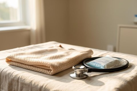 Close-up of a professional silver stethoscope and a folded beige knitted blanket on a light linen cloth. Warm sunlight streams through a window, illuminating the bright, cozy indoor setting. This image represents healthcare, patient comfort, and medical home care in a serene, sunlit environment.