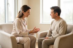 A female healthcare professional in a white lab coat conducts a consultation with a male patient in a bright, modern office. They are seated in comfortable beige armchairs, engaged in a calm conversation. The room is filled with soft natural light from large windows, creating a professional and soothing atmosphere with neutral color tones.