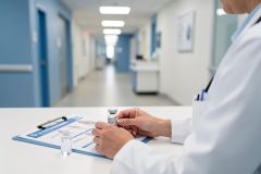 A healthcare professional in a white lab coat examines a small glass medicine vial in a sterile hospital setting. A clipboard with medical paperwork and an additional vial sit on a white desk in the foreground. The bright, blurred clinic hallway background features blue and white colors, creating a professional medical and pharmaceutical context.