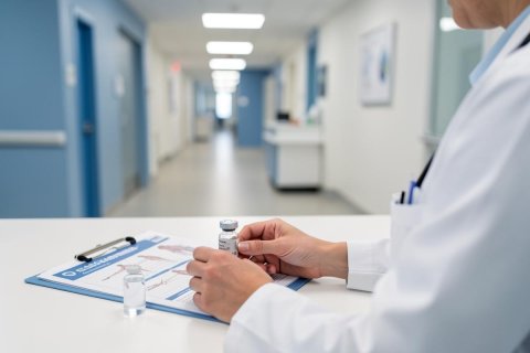 A healthcare professional in a white lab coat examines a small glass medicine vial in a sterile hospital setting. A clipboard with medical paperwork and an additional vial sit on a white desk in the foreground. The bright, blurred clinic hallway background features blue and white colors, creating a professional medical and pharmaceutical context.