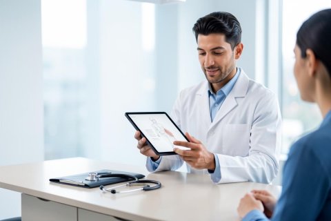 A professional male doctor in a white lab coat consults with a female patient in a bright, modern medical office. He uses a digital tablet to explain information during a healthcare appointment. A stethoscope and clipboard rest on the desk, highlighting a clean, clinical environment with soft lighting.