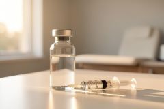 Close-up of a medical vaccine vial and a syringe on a white surface in a bright clinical setting. Soft sunlight from a nearby window illuminates the scene, highlighting the clear glass and liquid. A blurred medical examination chair in the background suggests a doctor's office or healthcare environment.