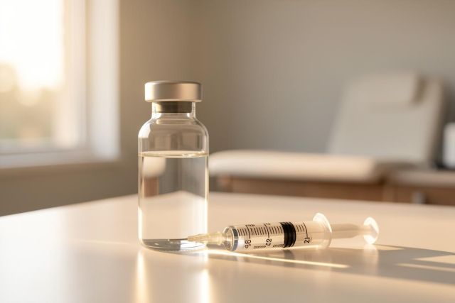 Close-up of a medical vaccine vial and a syringe on a white surface in a bright clinical setting. Soft sunlight from a nearby window illuminates the scene, highlighting the clear glass and liquid. A blurred medical examination chair in the background suggests a doctor's office or healthcare environment.