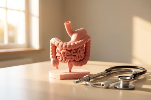 A pink anatomical model of the human digestive system, featuring the stomach and intestines, rests on a table beside a professional stethoscope. The scene is illuminated by soft, warm sunlight from a window, creating a calm medical or educational setting. Ideal for gastroenterology, healthcare, and digestive health topics.