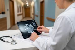 A medical professional in a white lab coat examines a brain MRI scan on a digital tablet. A stethoscope and medical charts sit on a white desk in a bright hospital clinic. The background features a blurred medical hallway, highlighting advanced healthcare technology and radiology diagnostics.