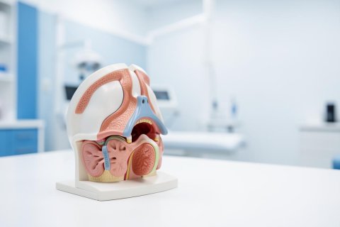Detailed anatomical cross-section model of the human respiratory and nasal system on a white surface in a bright medical clinic. The colorful model features pink and blue anatomical details. The blurred background shows a modern dental or healthcare office with blue cabinetry and medical equipment, perfect for medical education or professional consultation.