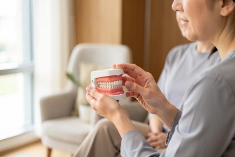A close-up of a person holding a detailed dental model of human teeth and pink gums. Set in a bright, airy indoor environment with neutral tones, this image illustrates dental health education, oral care consultation, or orthodontic studies. The soft lighting and professional context make it ideal for dentistry-related content.