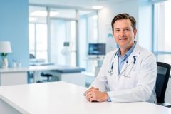 A friendly male doctor wearing a white lab coat and stethoscope sits at a white desk in a bright, modern medical office. The professional clinic setting features clean lines, large windows, and a calming blue and white color scheme, ideal for healthcare and medical services themes.