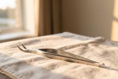 Close-up of silver metal surgical tweezers lying on a white textured fabric. Warm golden sunlight streams through a window, casting soft shadows across the scene. This serene image features a clean, professional atmosphere suitable for medical, skincare, or spa-related themes.