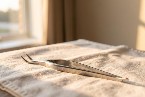 Close-up of silver metal surgical tweezers lying on a white textured fabric. Warm golden sunlight streams through a window, casting soft shadows across the scene. This serene image features a clean, professional atmosphere suitable for medical, skincare, or spa-related themes.